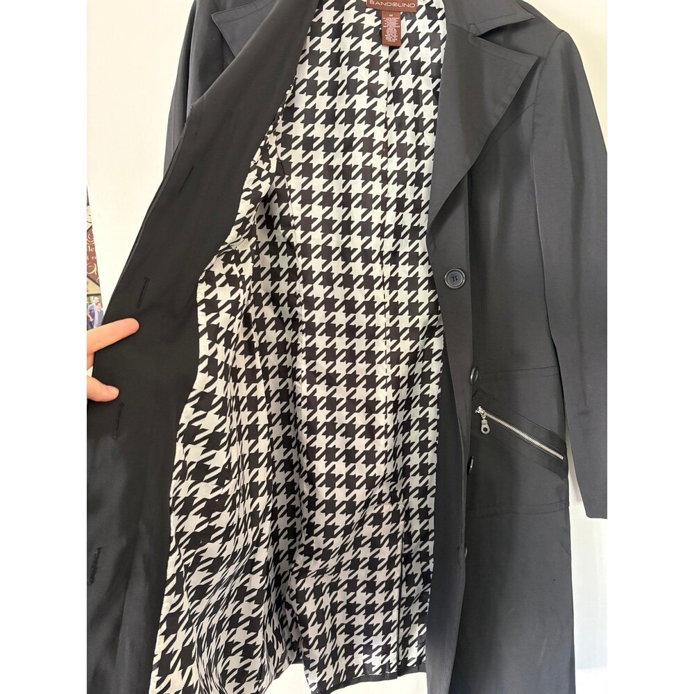 Vtg 90s Bandolino Black Trench Coat Houndstooth Duster M Raincoat Grunge Goth - Picture 3 of 9